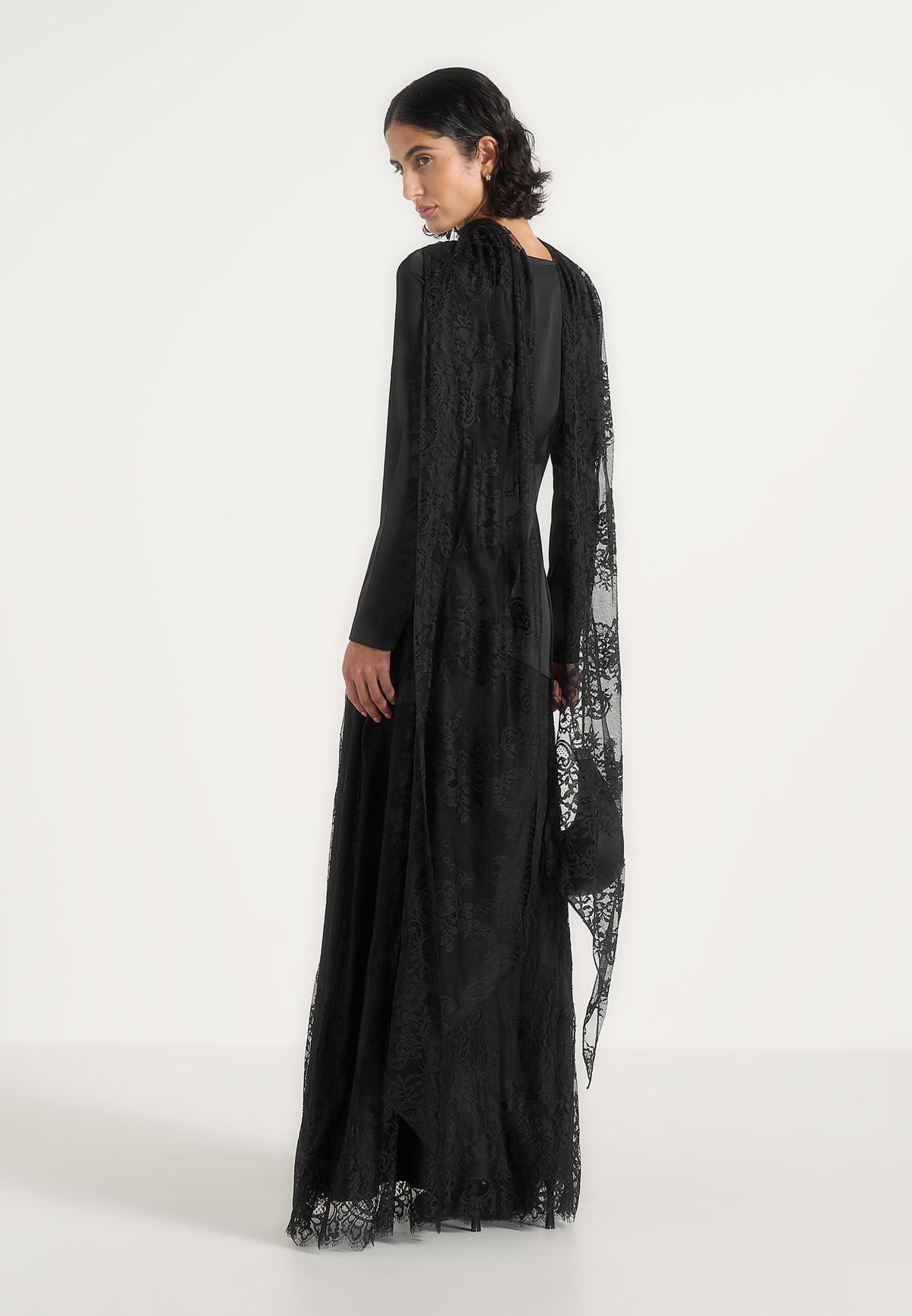 Miriam - Asymmetric Satin & Lace Maxi Dress With Lace Scarf - Black