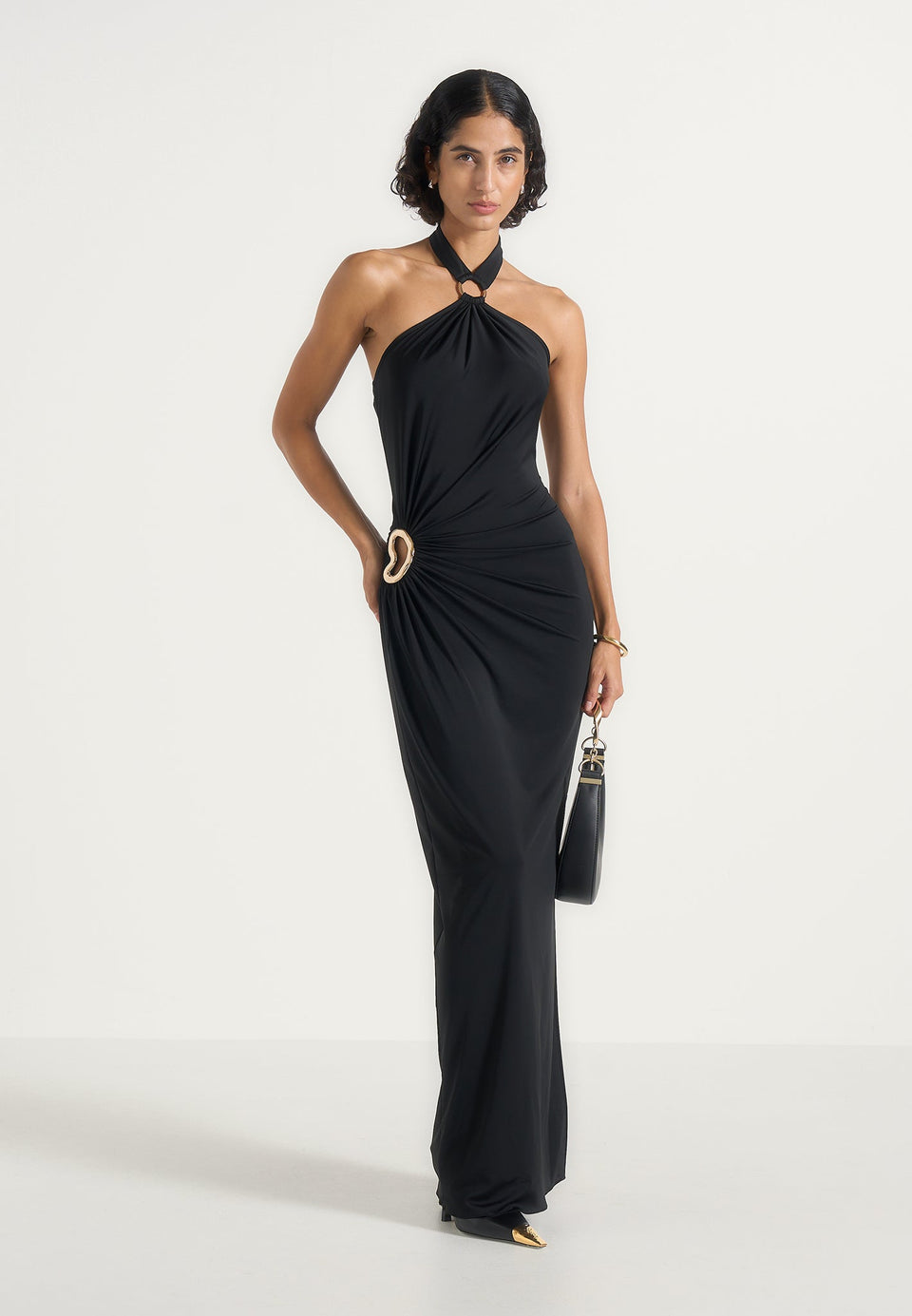 Amalia - Halter Neck Ruched Hip Hardware Maxi Dress - Black