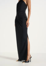 Amalia - Halter Neck Ruched Hip Hardware Maxi Dress - Black