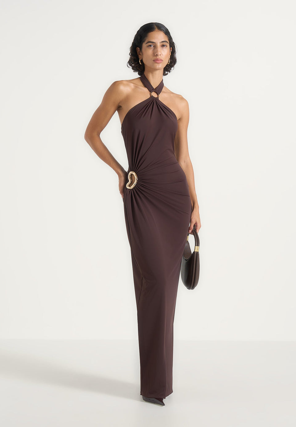 Amalia - Halter Neck Ruched Hip Hardware Maxi Dress - Brown