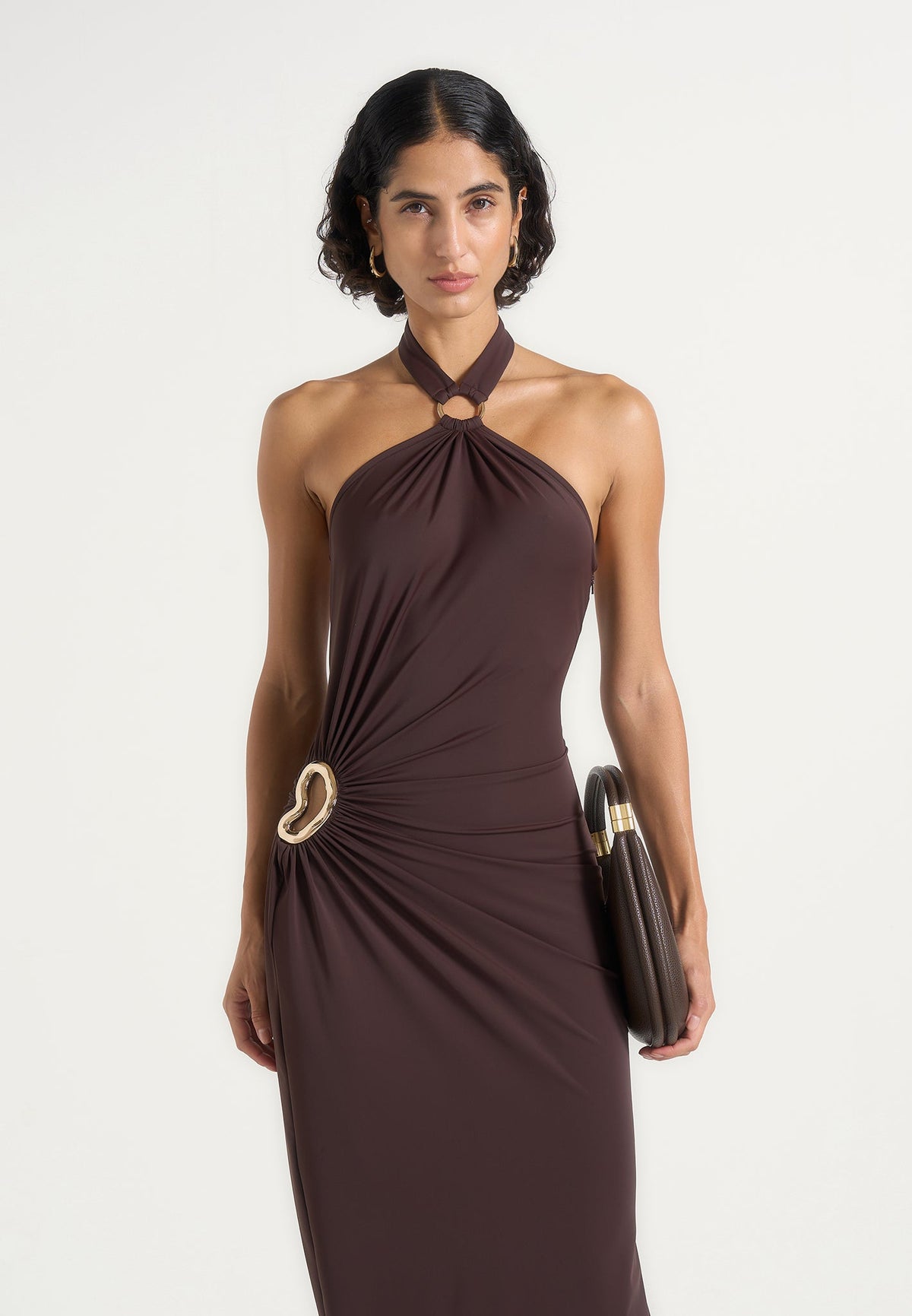 Amalia - Halter Neck Ruched Hip Hardware Maxi Dress - Brown