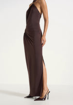 Amalia - Halter Neck Ruched Hip Hardware Maxi Dress - Brown