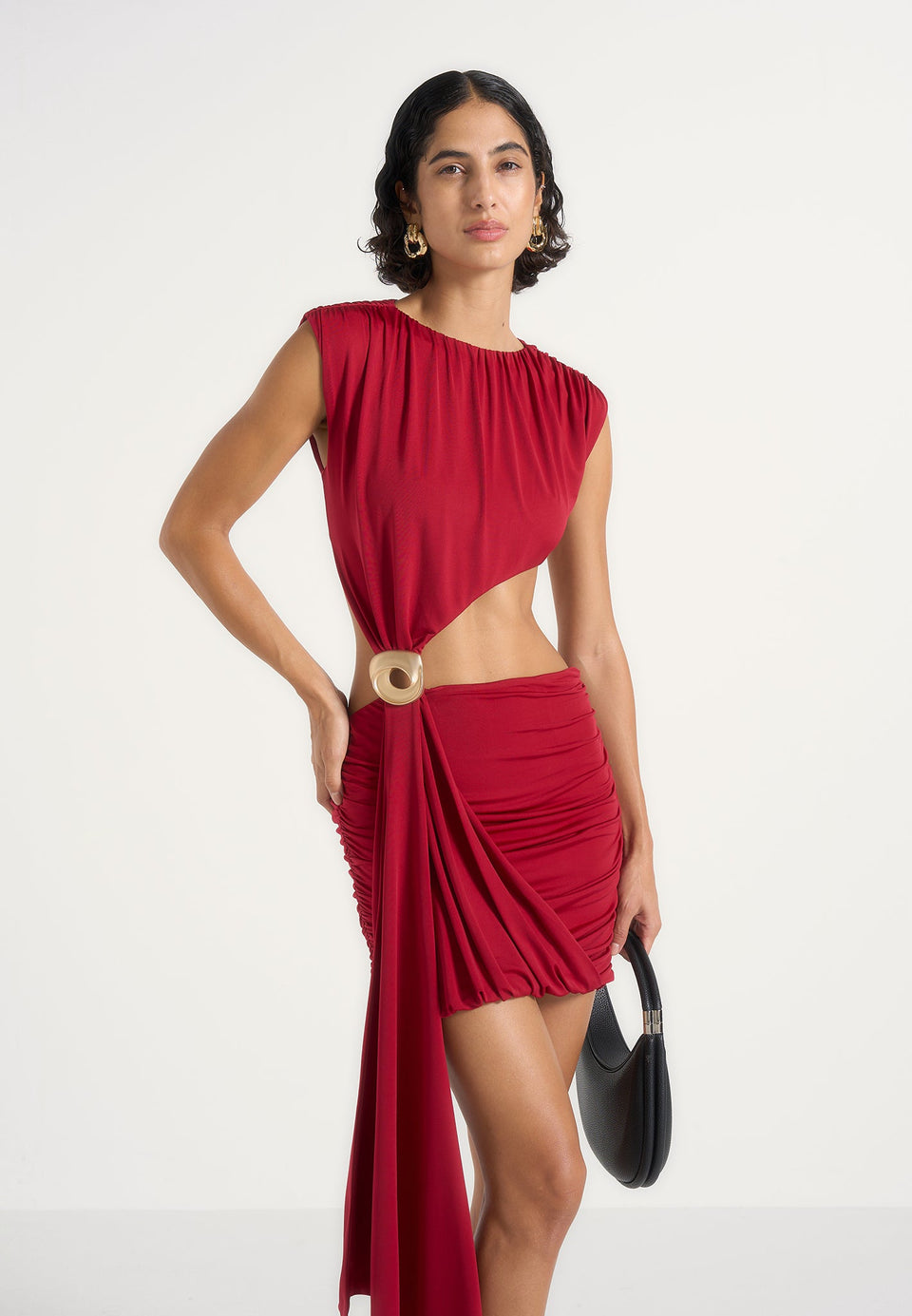 Pia - Draped Hardware Mini Dress - Cherry Red