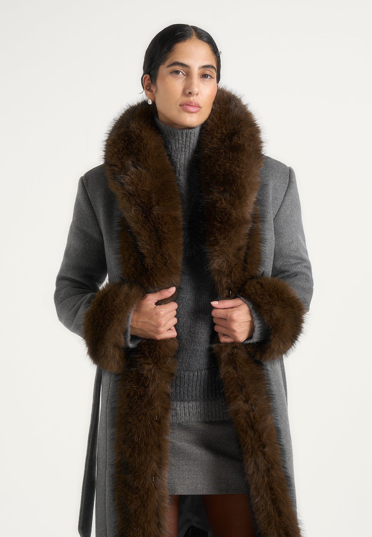 Kate - Fur Trim Belted Wool Maxi Coat - Grey