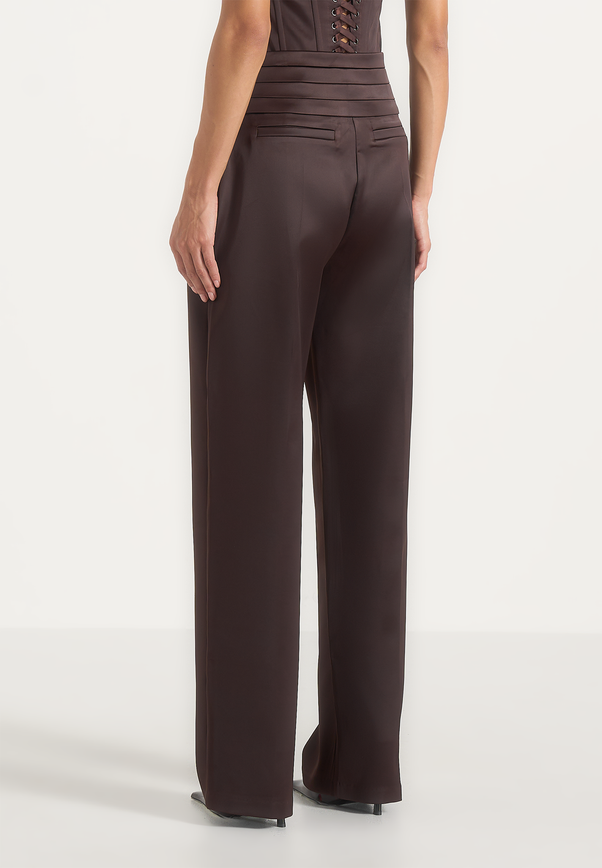 Fallon - Pleated Waistband Straight Leg Pants - Brown