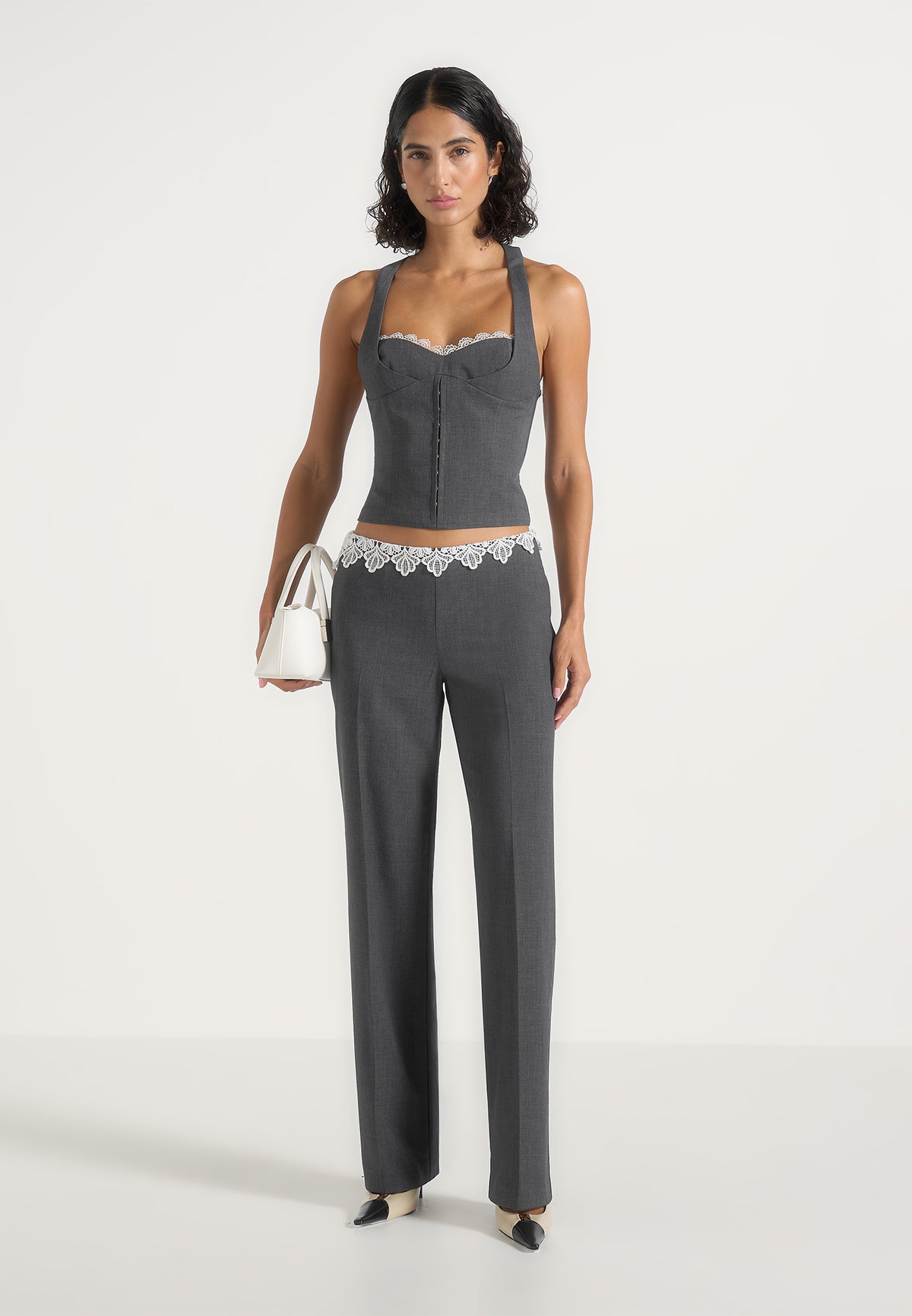 Lise - Lace Trim Wool-Blend Halter Corset Top - Grey