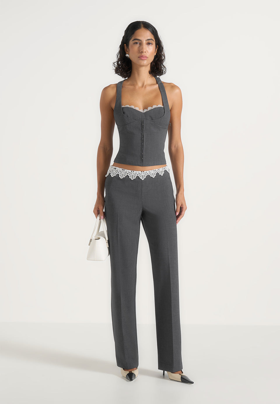 Jocelyn - Lace Waistband Tailored Wool-Blend Pants - Grey