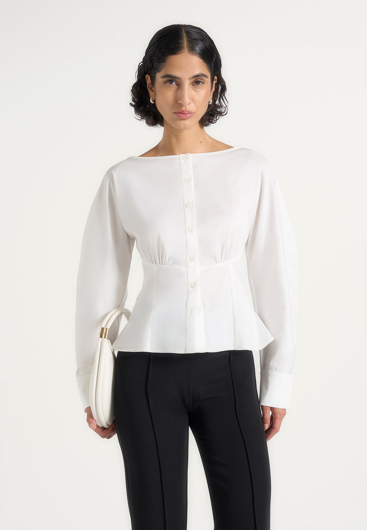 Chelsea - Cotton Cinch Waist Peplum Shirt - White