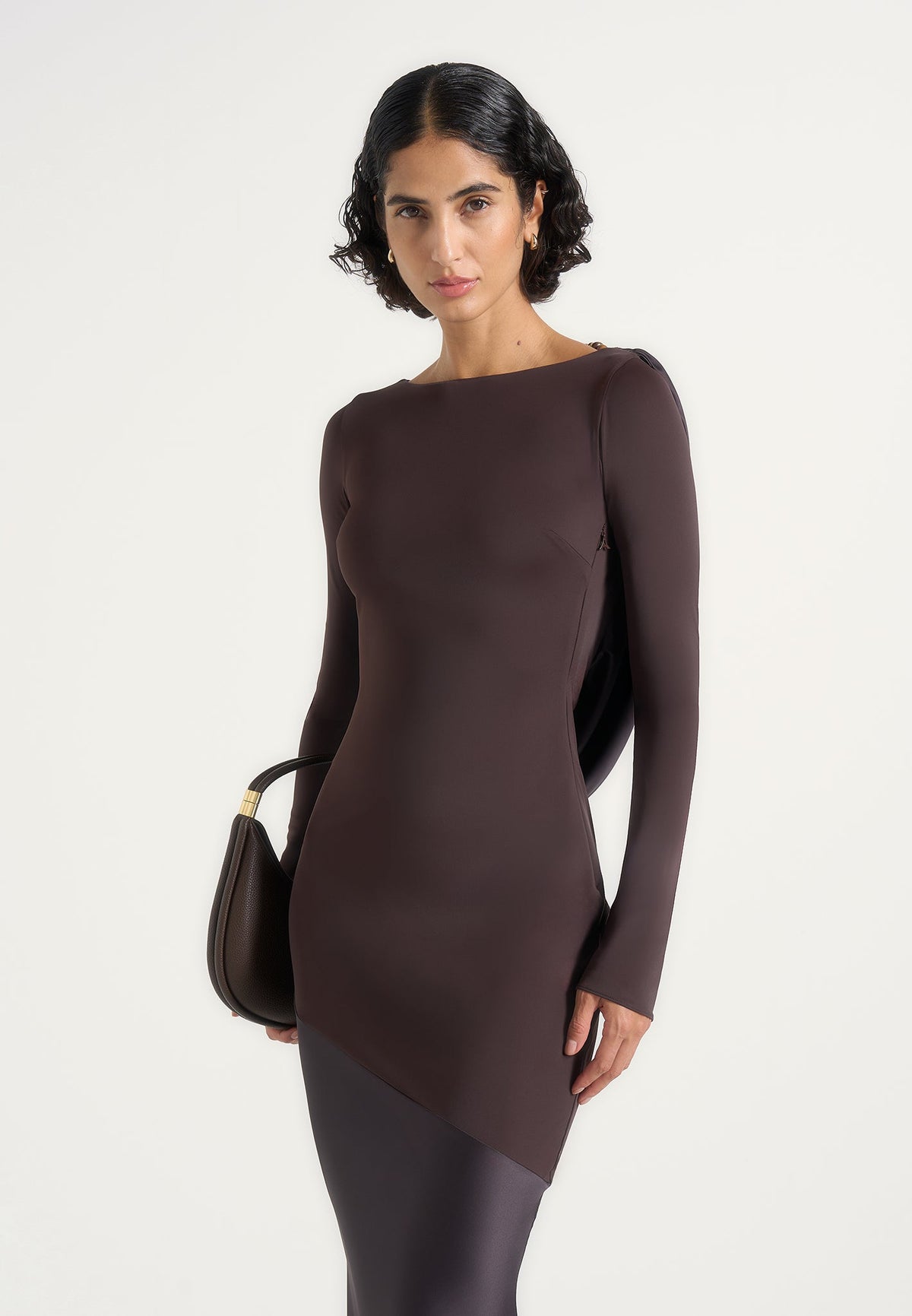 Priya - Beaded Cowl Back Two Tone Fishtail Gown - Brown