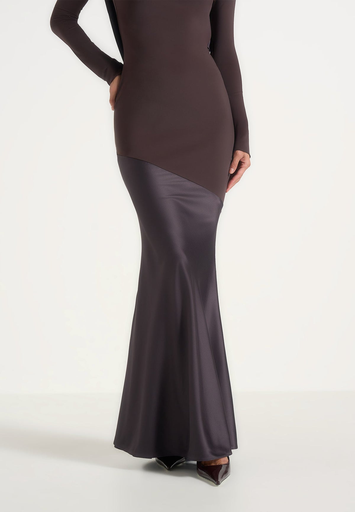 Priya - Beaded Cowl Back Two Tone Fishtail Gown - Brown