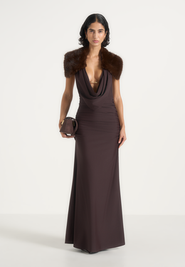 Betsy - Fur Stole Cowl Neck Maxi Dress - Brown