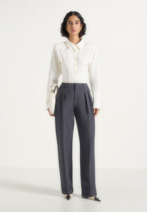 Julie - Tailored Twin Pleat Wool-Blend Pants - Grey