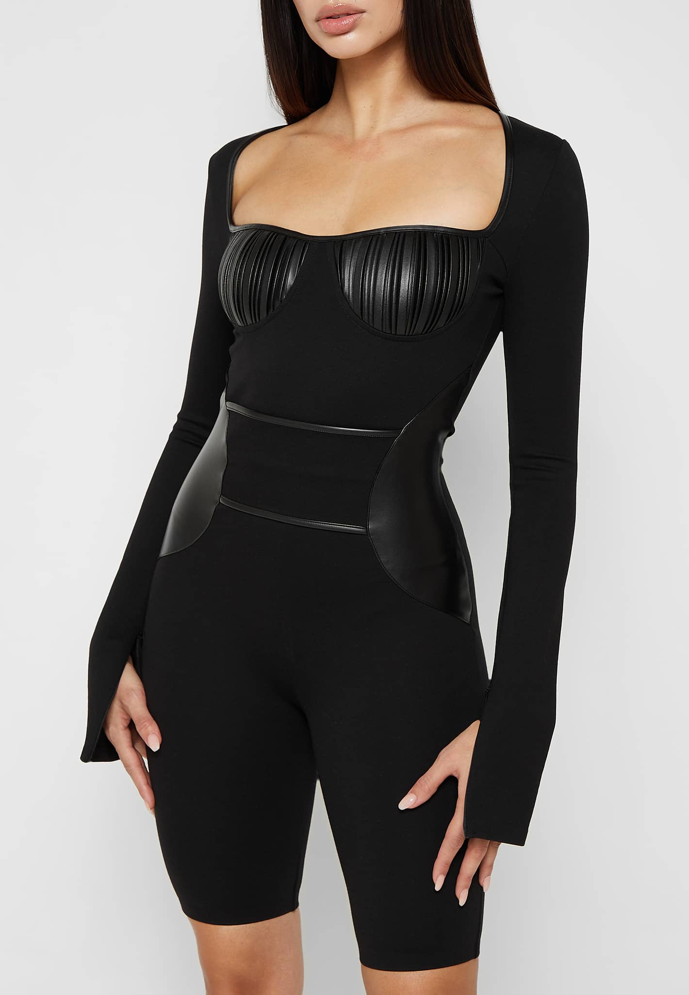 pleated-vegan-leather-bandage-playsuit-black 
