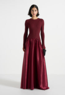 Adeline - Knit & Satin Curved Hem Maxi Dress - Wine Red