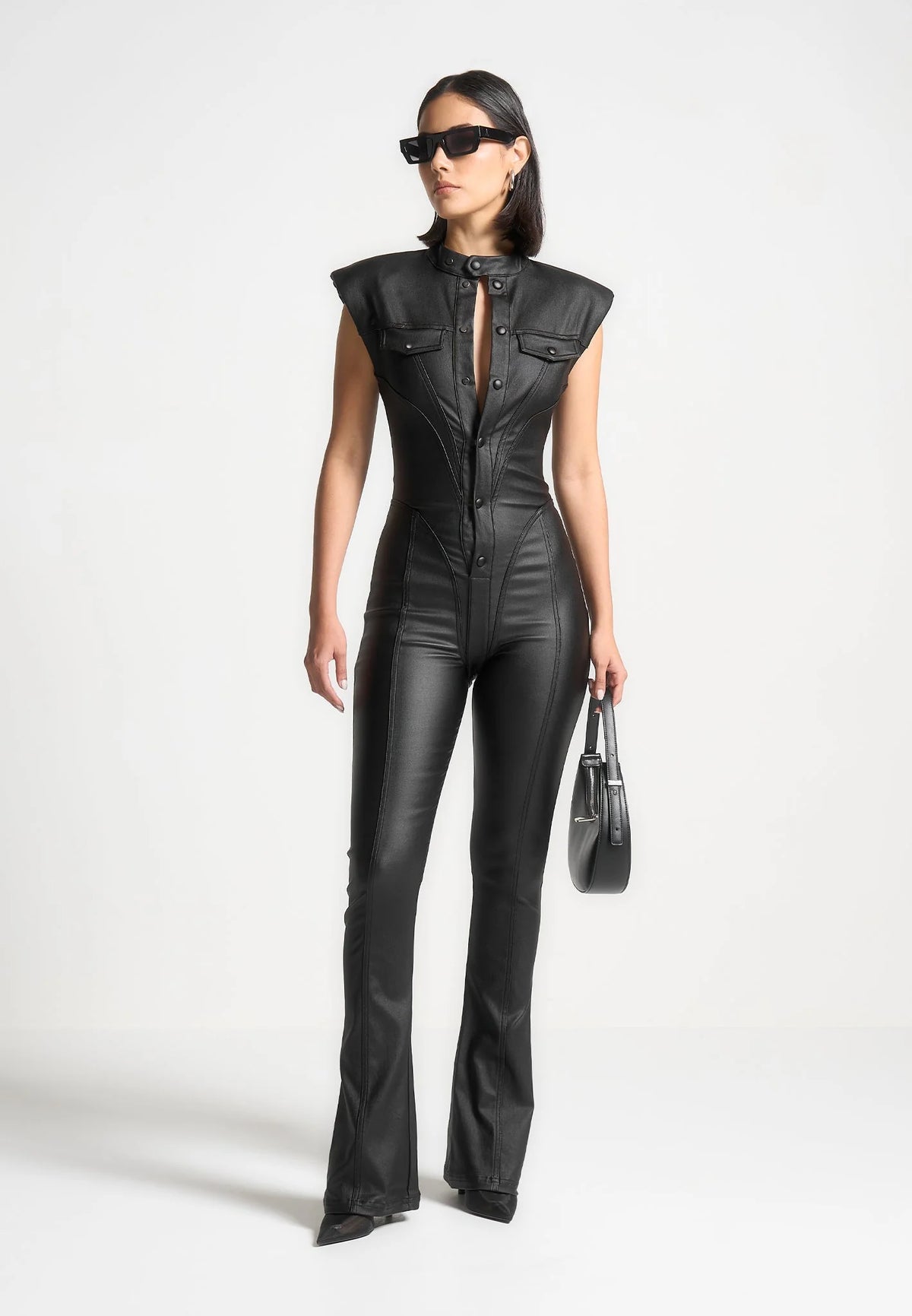 Annette - Wax Coated Denim Jumpsuit - Black