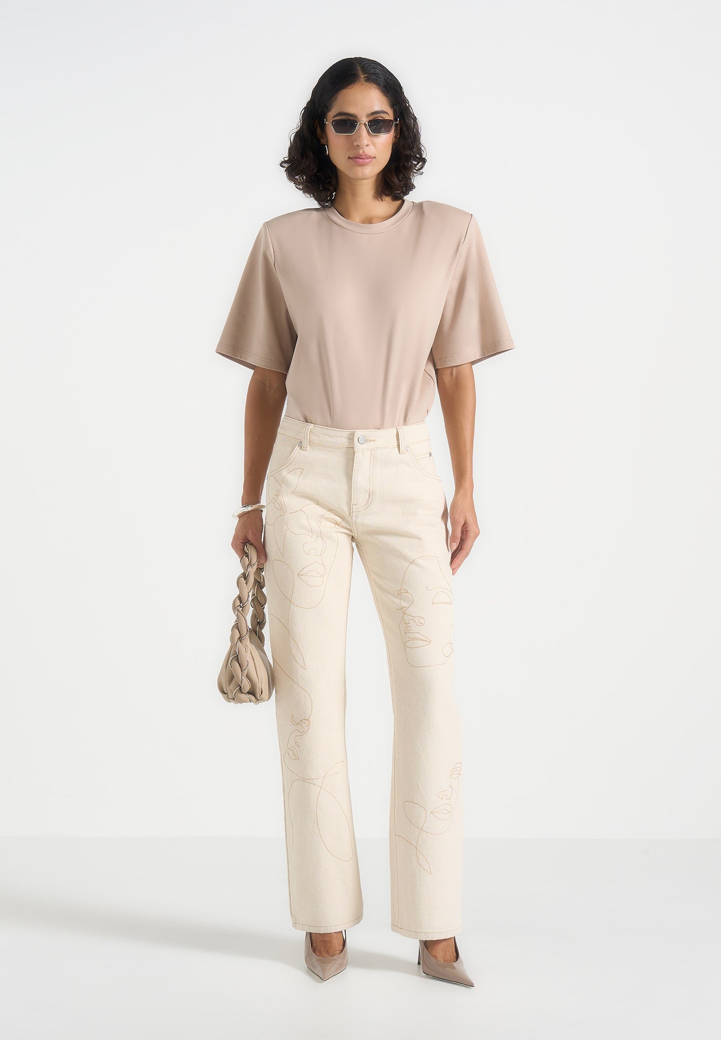Calista - Line Art Denim Jeans - Cream 
