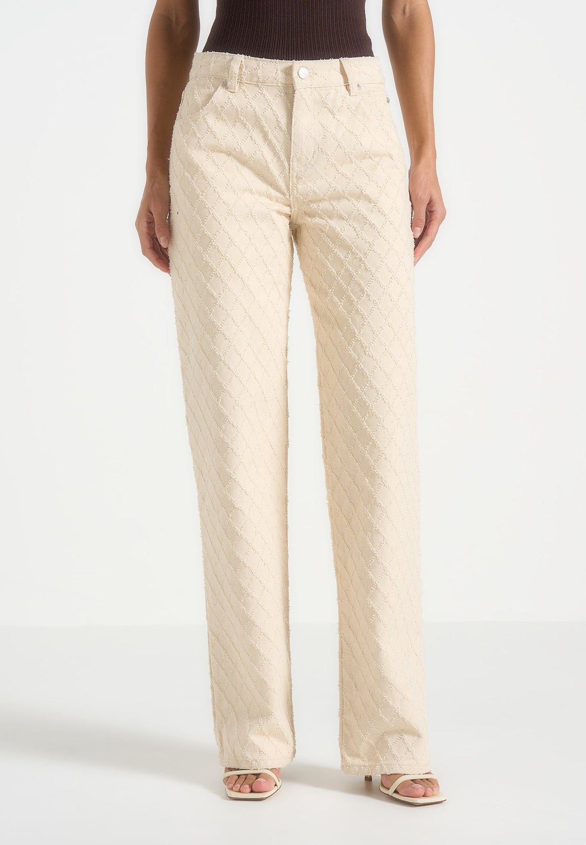 Elyssa - Diamond Stitch Denim Jeans - Cream