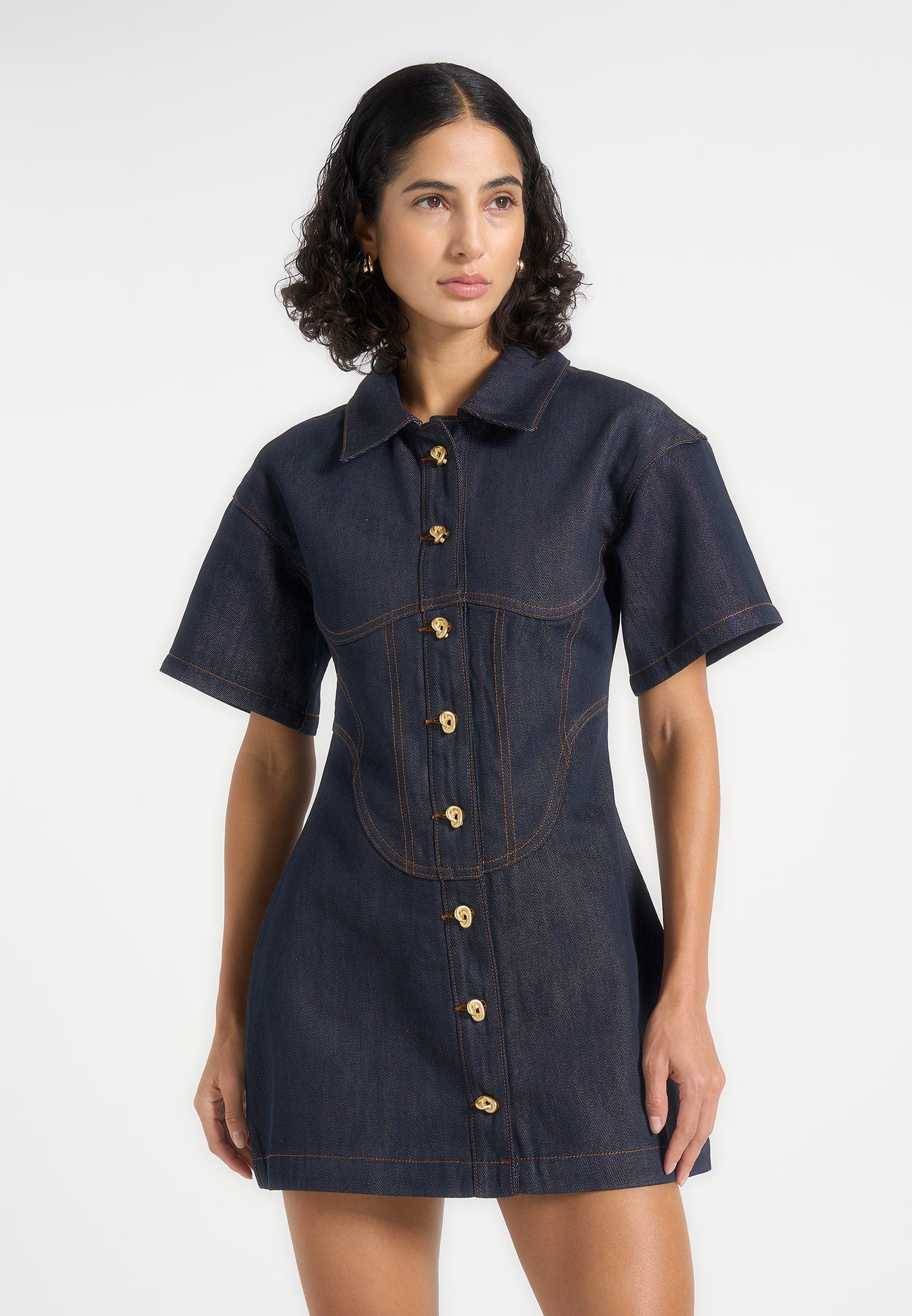 Mathilde - Denim Corset Contrast Stitch Dress - Indigo 