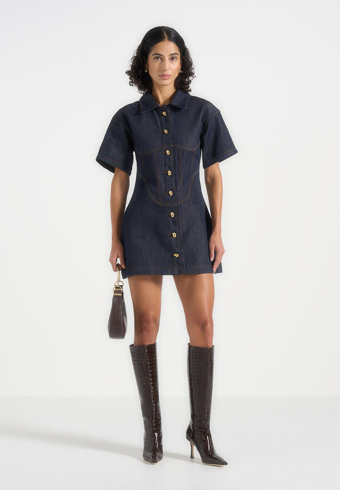 Mathilde - Denim Corset Contrast Stitch Dress - Indigo