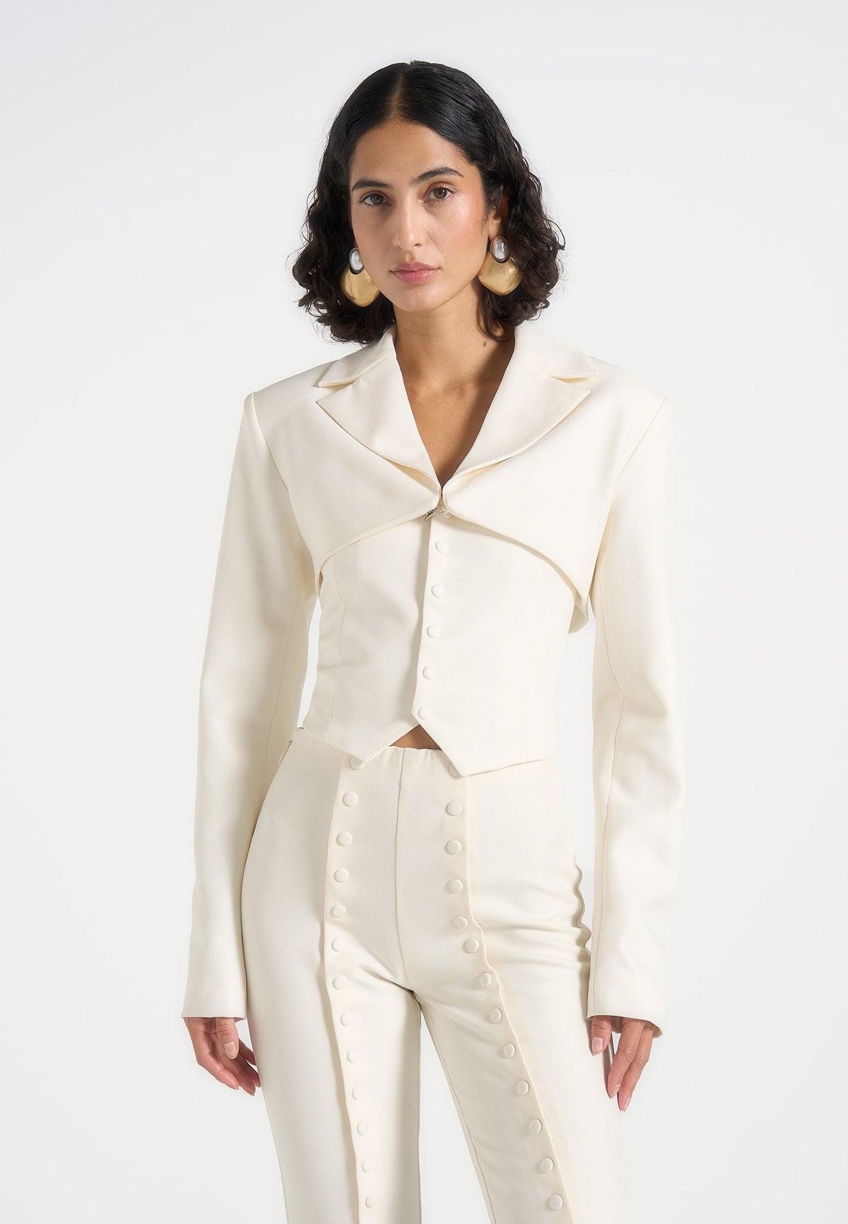 Lise - Cropped Tailored Blazer & Button Detail Bandeau - Off White