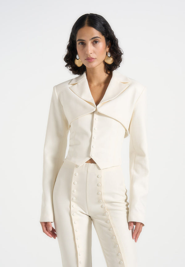 Lise - Cropped Tailored Blazer & Button Detail Bandeau - Off White