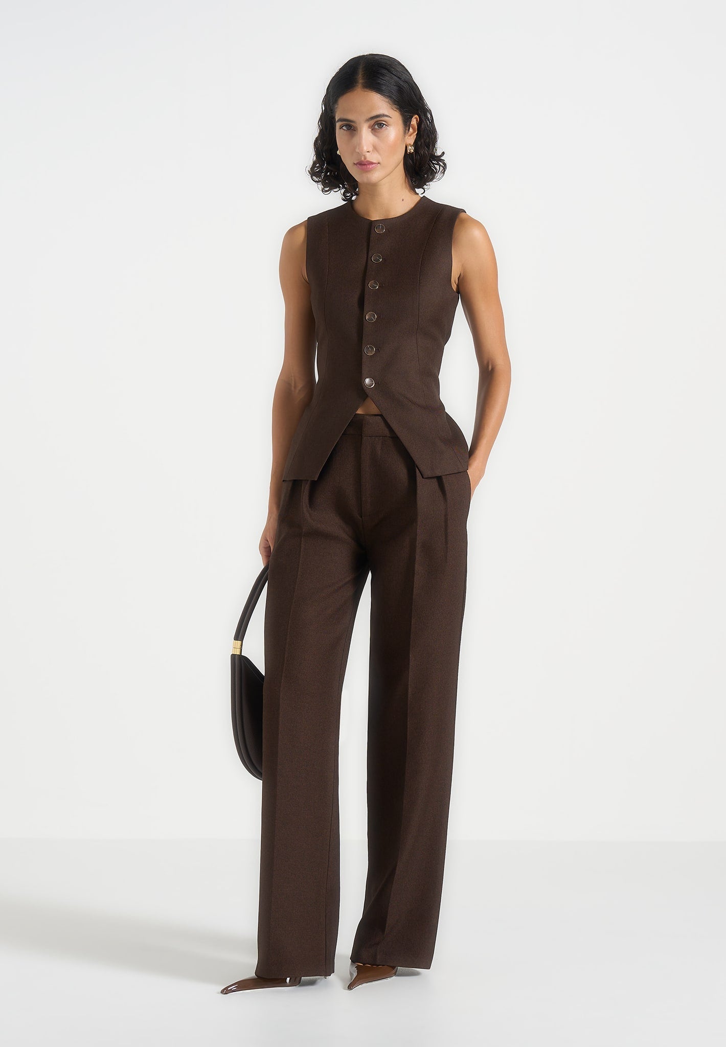 Maisie - Tailored Crew Neck Cinch Waistcoat - Brown 