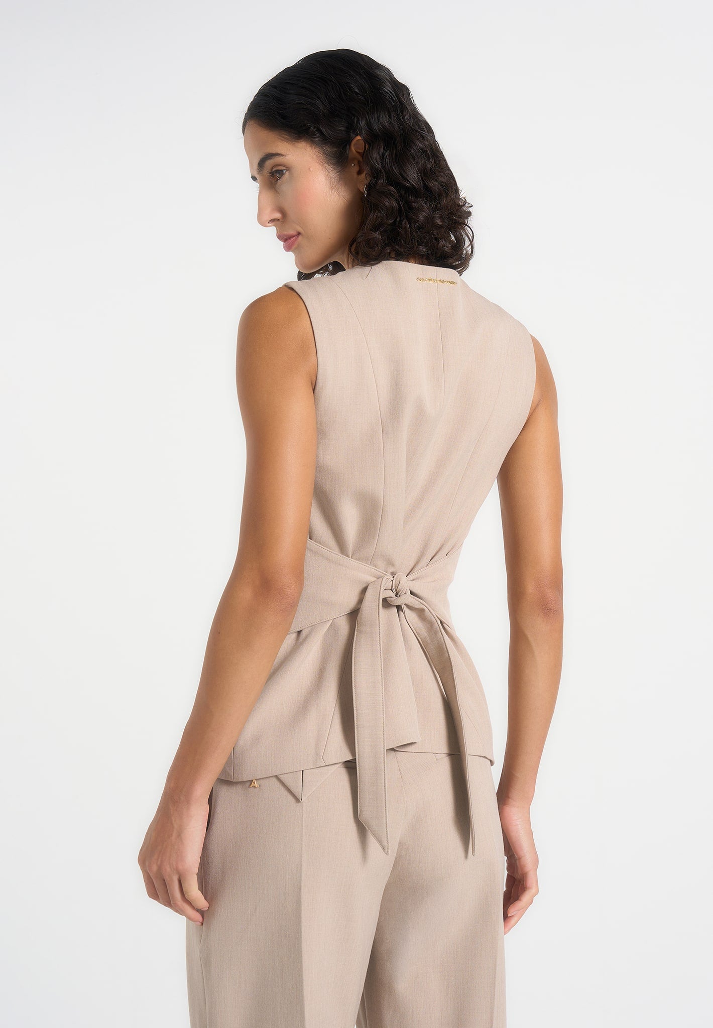 Maisie - Tailored Crew Neck Cinch Waistcoat - Beige 