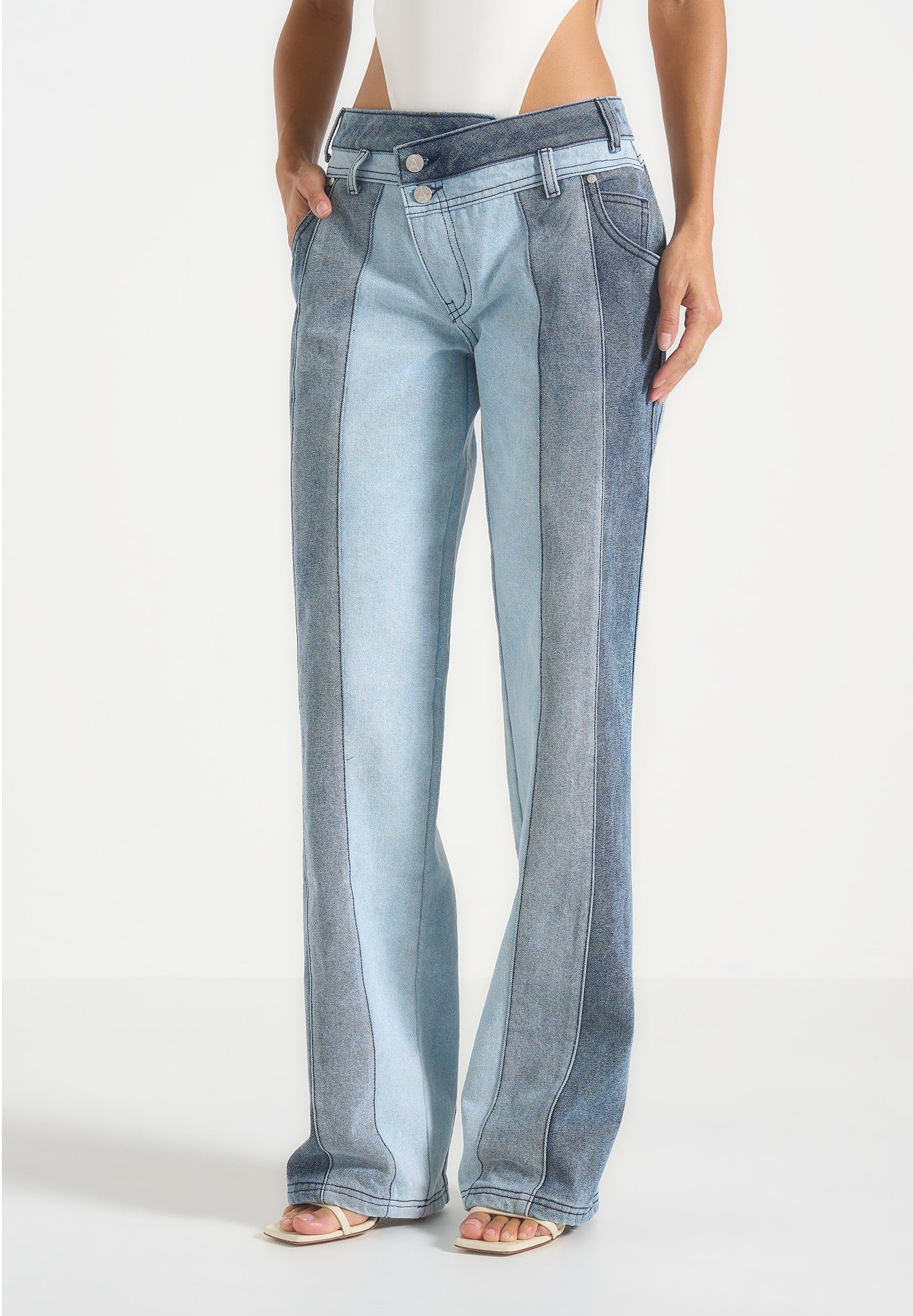 Jacinda - Colour Block Denim Jeans - Mid Blue 