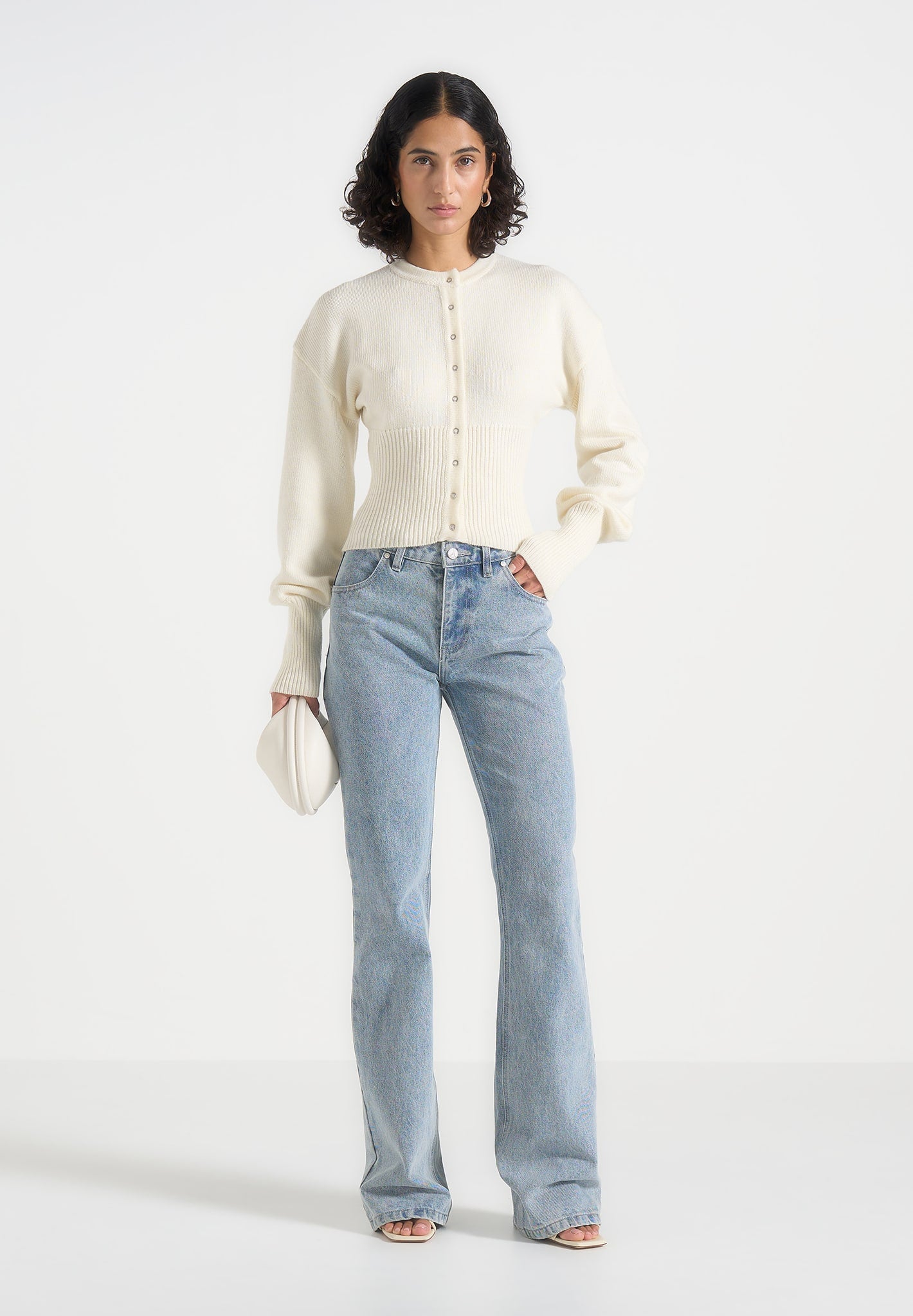 Mayla - Knitted Cinch Waist Cardigan - Cream