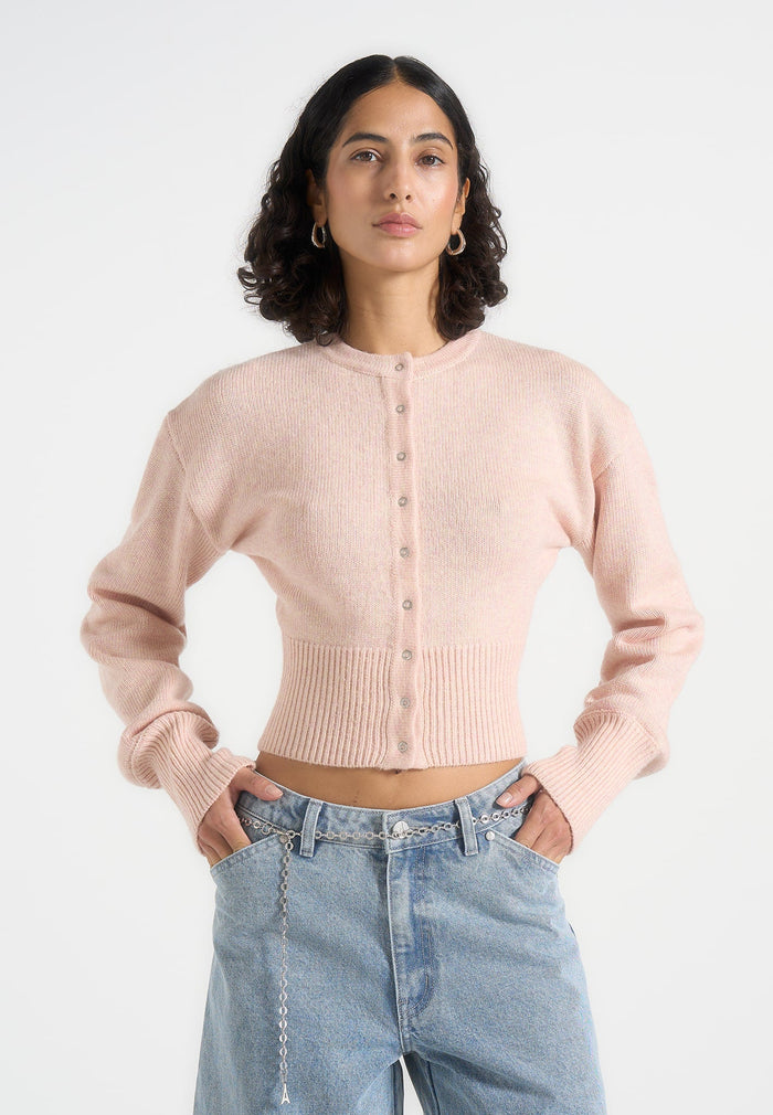 Mayla - Knitted Cinch Waist Cardigan - Pale Pink