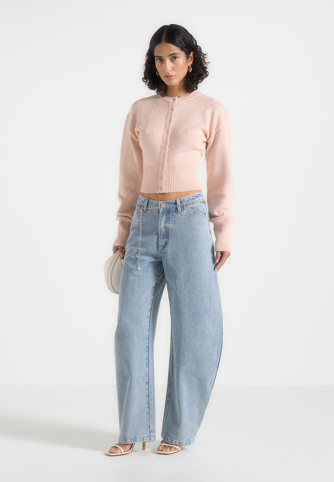 Mayla - Knitted Cinch Waist Cardigan - Pale Pink