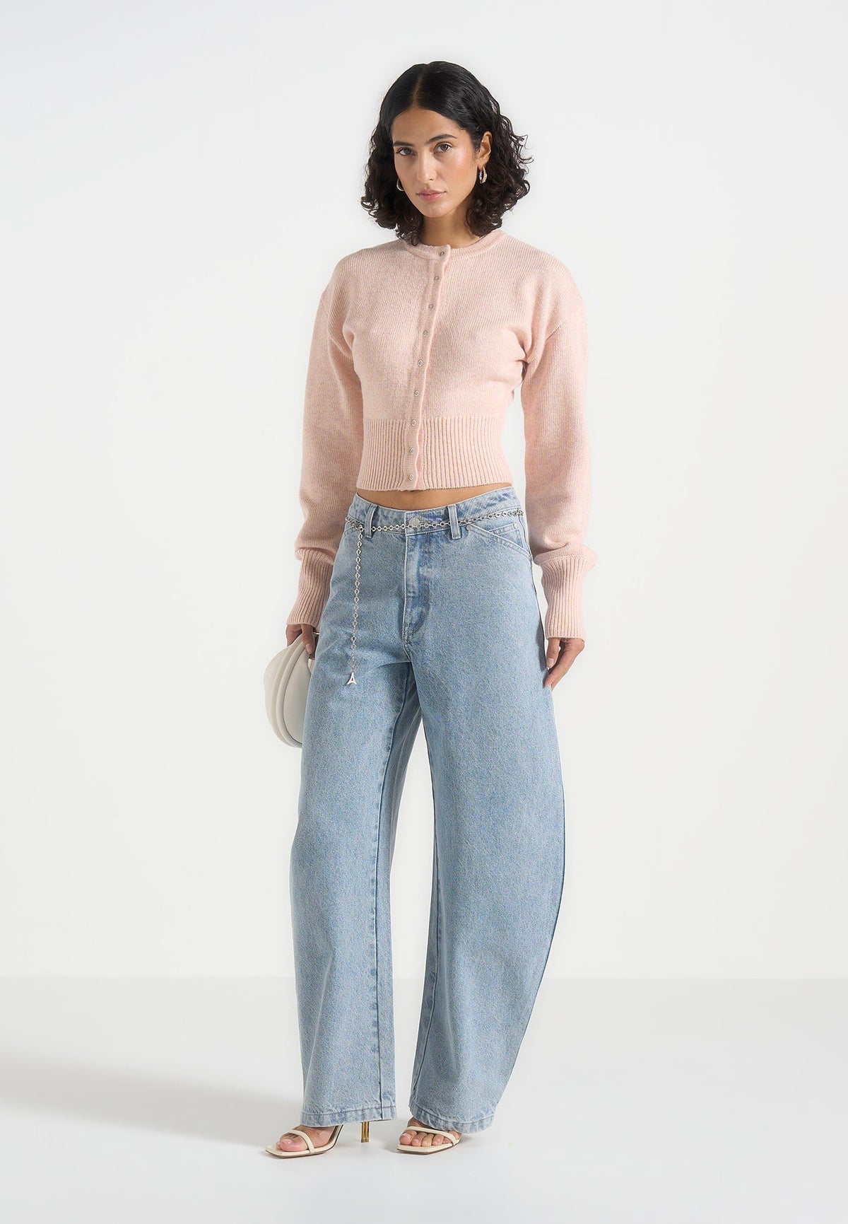 Mayla - Knitted Cinch Waist Cardigan - Pale Pink