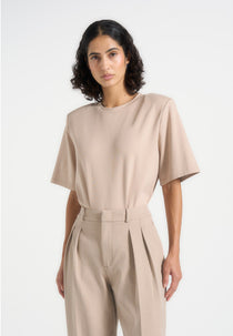Mia - Wide Shoulder Bodysuit T-Shirt - Beige
