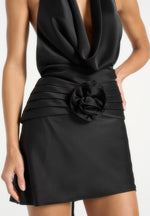 Christelle - Cowl Halter Open Back Rosette Mini Dress - Black