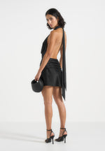 Christelle - Cowl Halter Open Back Rosette Mini Dress - Black