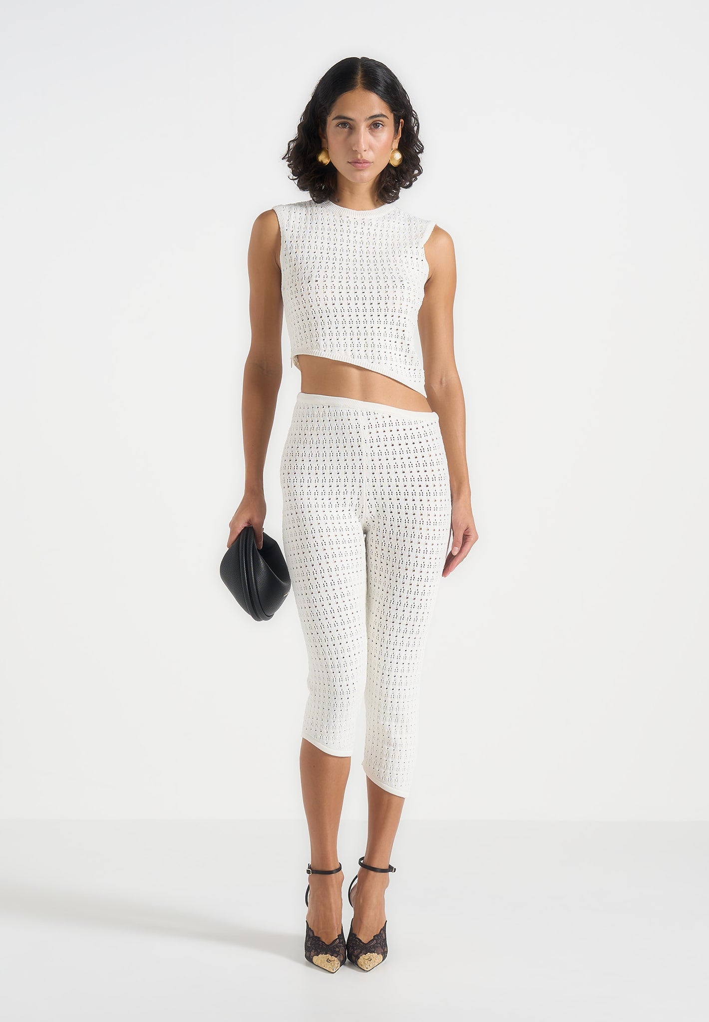 Piper - Pointelle Asymmetric Capri Leggings - Cream 