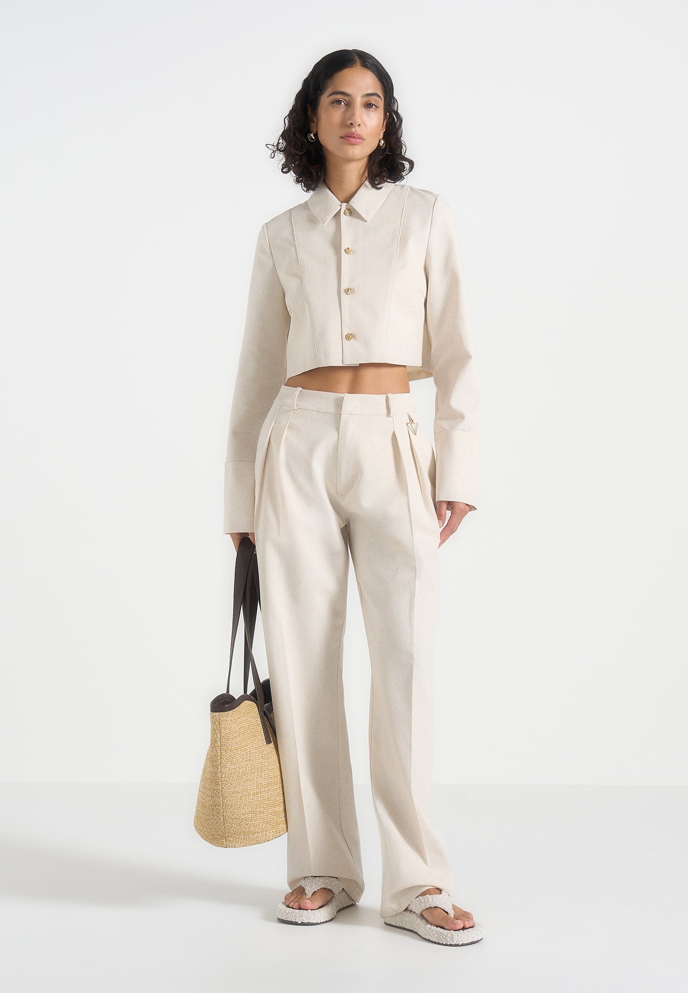 Florine - Linen Pintuck Cropped Shirt - Natural 
