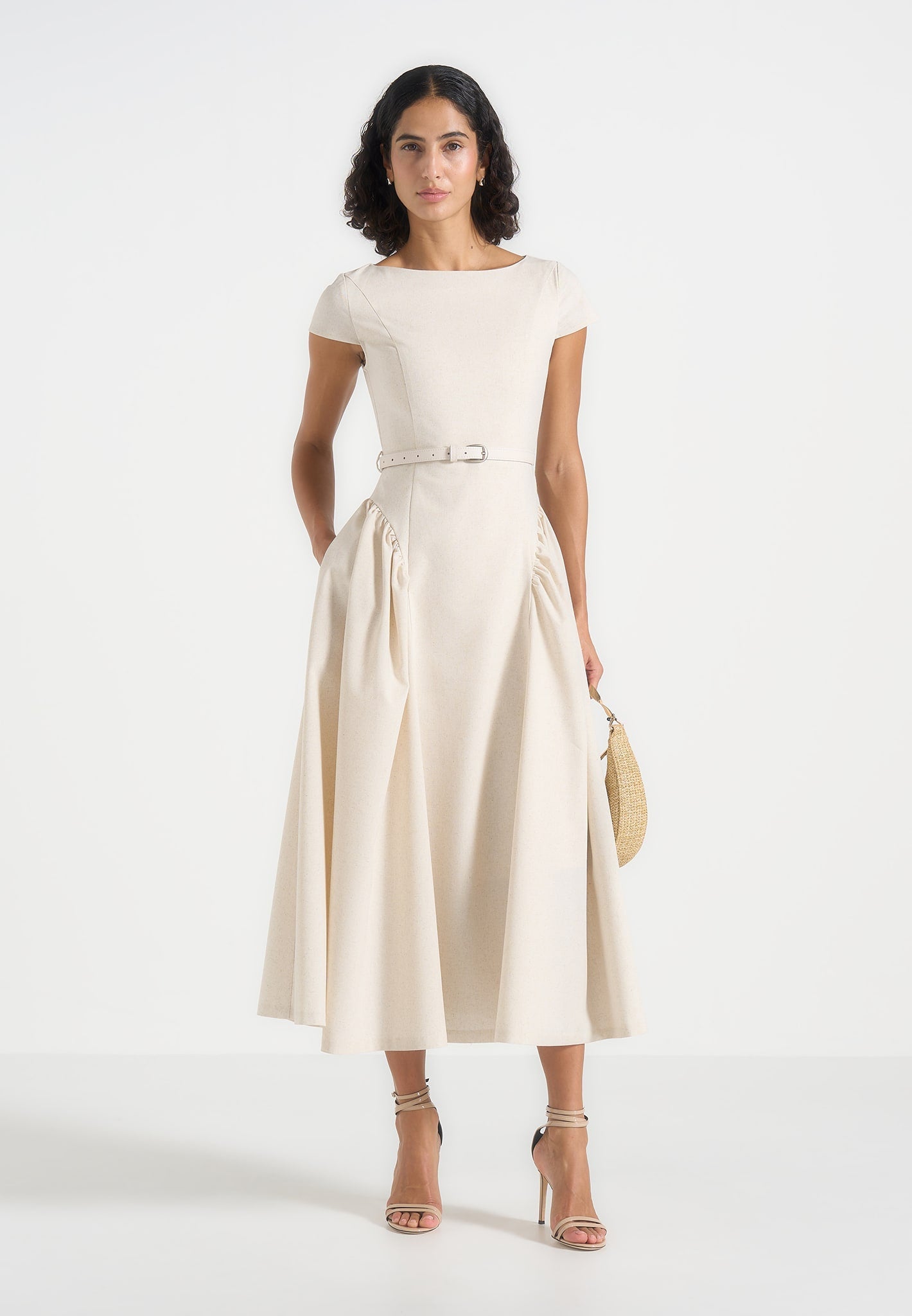 Gaia - Linen Boat Neck Belted Pleated Midi Dress - Natural 
