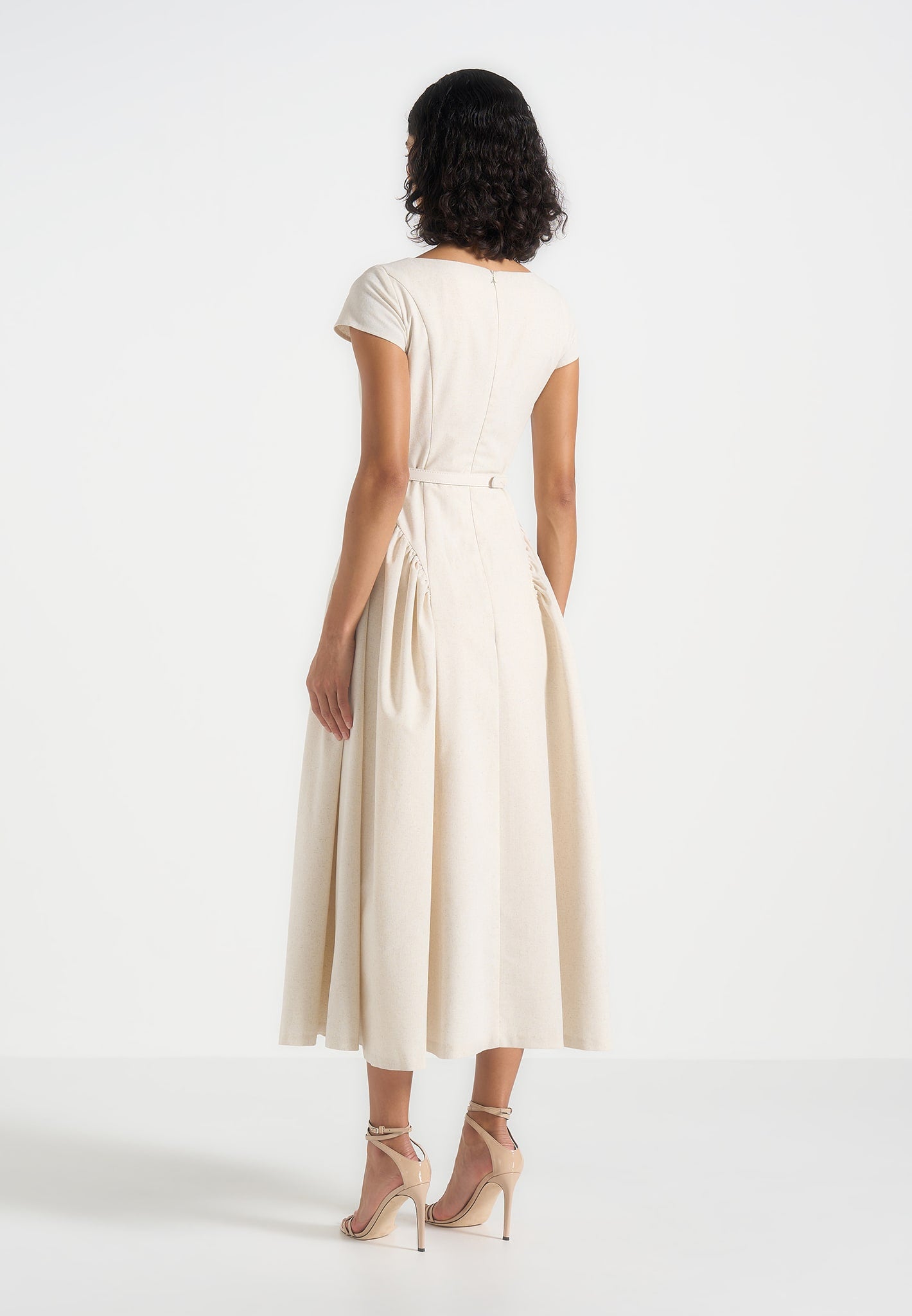 Gaia - Linen Boat Neck Belted Pleated Midi Dress - Natural