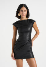 Tina - Leather Boat Neck Ruched Dress - Black