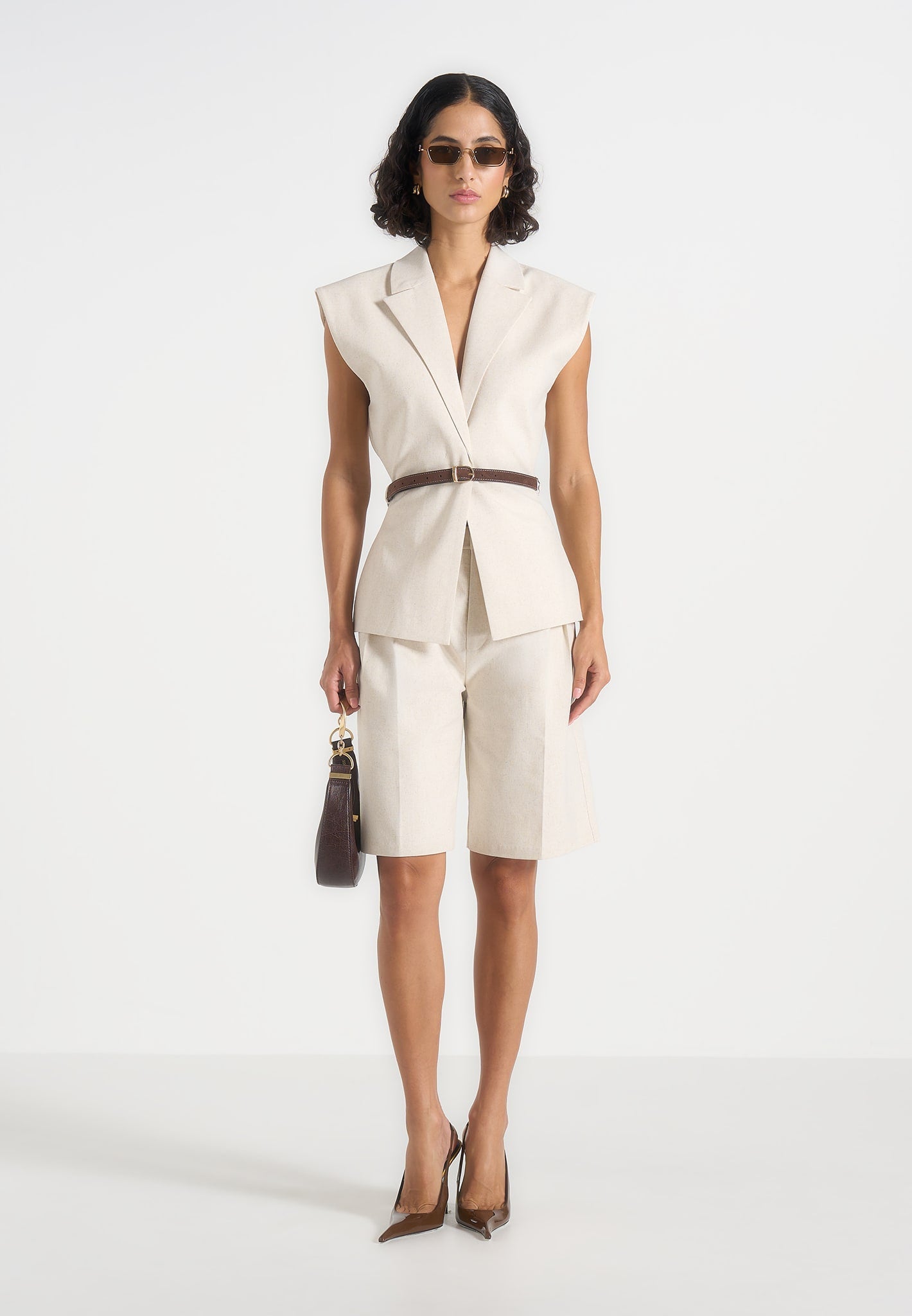 Linda - Linen Wide Shoulder Cinched Waistcoat - Natural