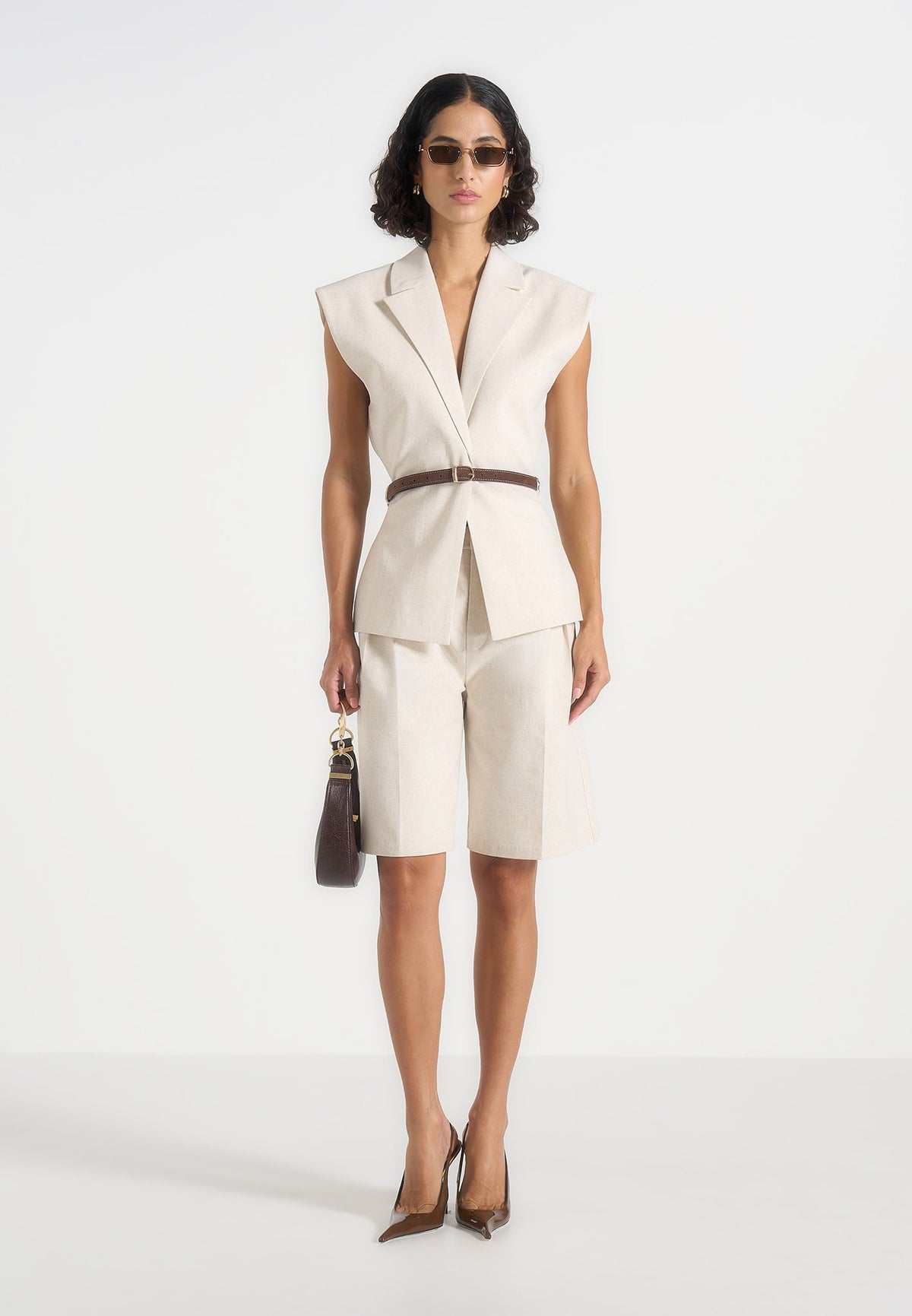 Linda - Linen Wide Shoulder Cinched Waistcoat - Natural