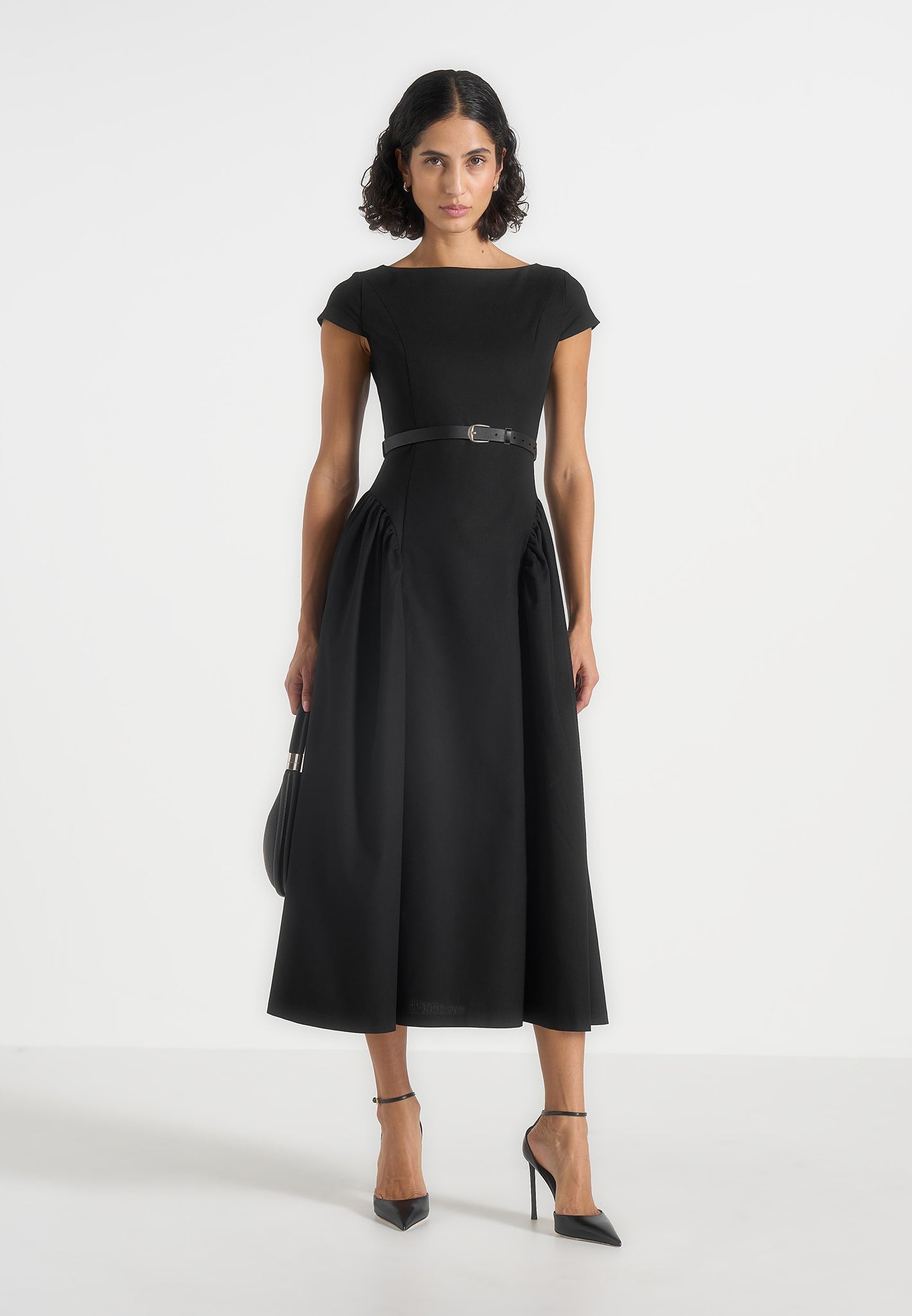 Gaia - Boat Neck Belted Pleated Midi Dress - Black | Manire De Voir Gaia - Boat Neck Belted Pleated Midi Dress - Black | Manire De Voir