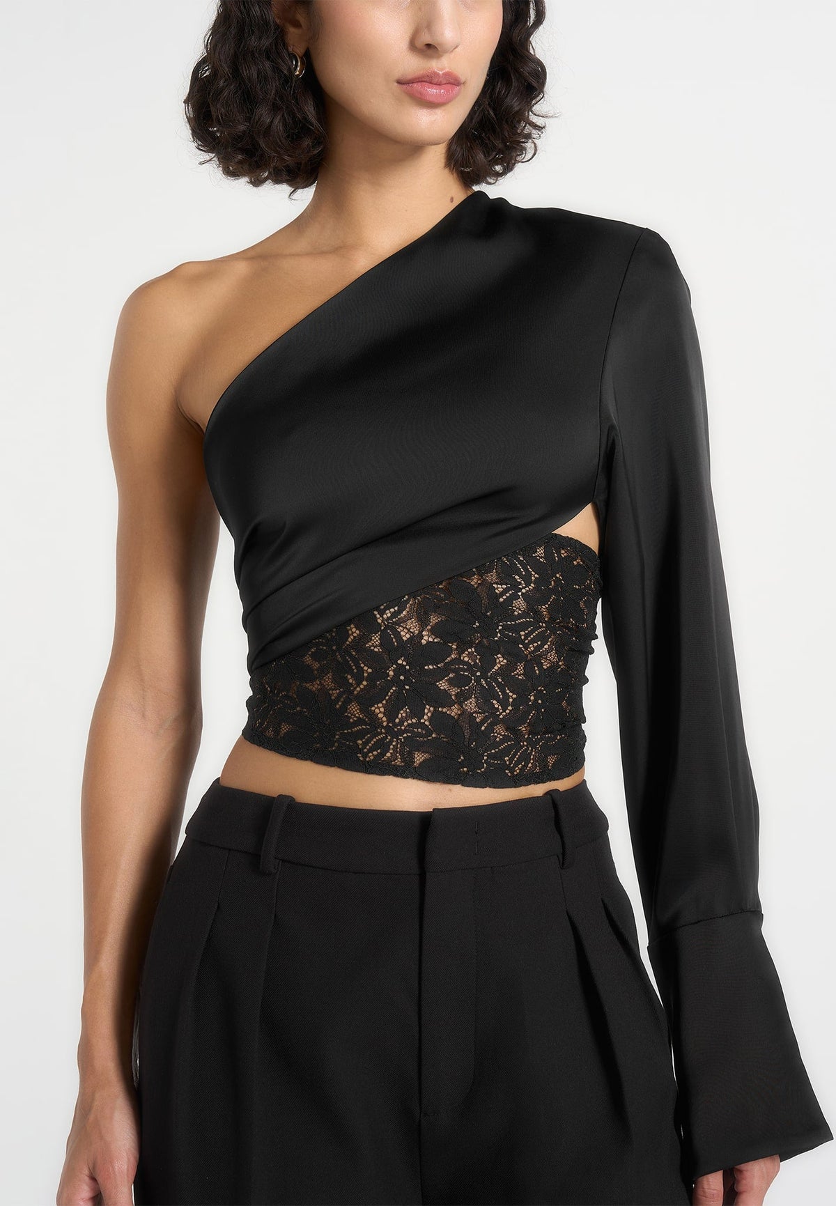 coralie-one-sleeve-satin-and-lace-wrap-top-black