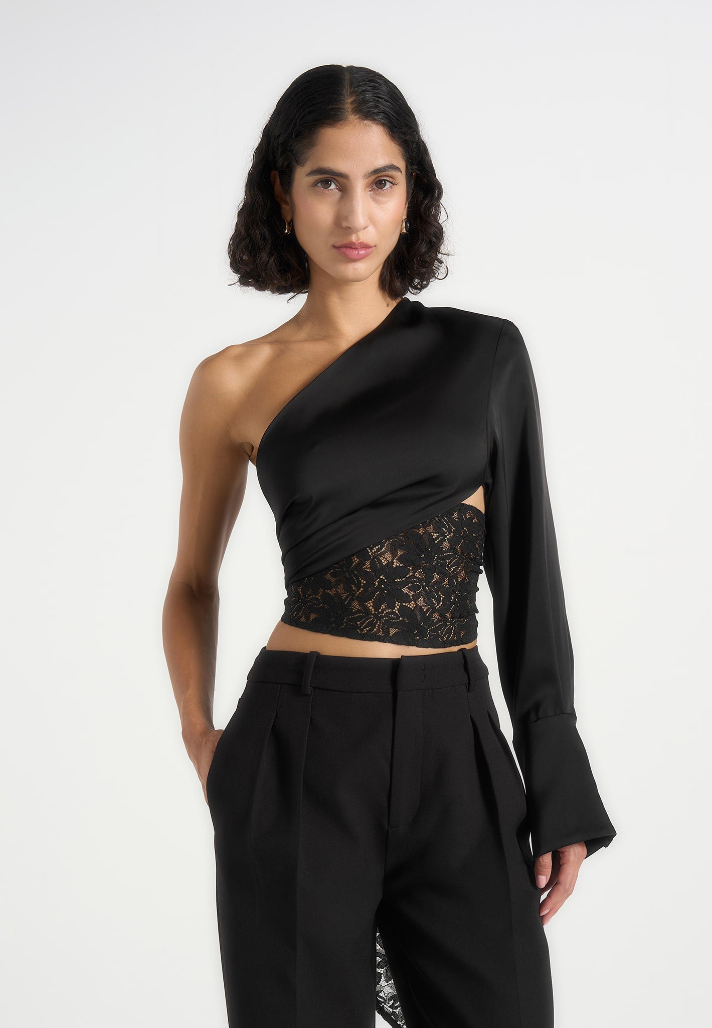 Coralie - One Sleeve Satin and Lace Wrap Top - Black
