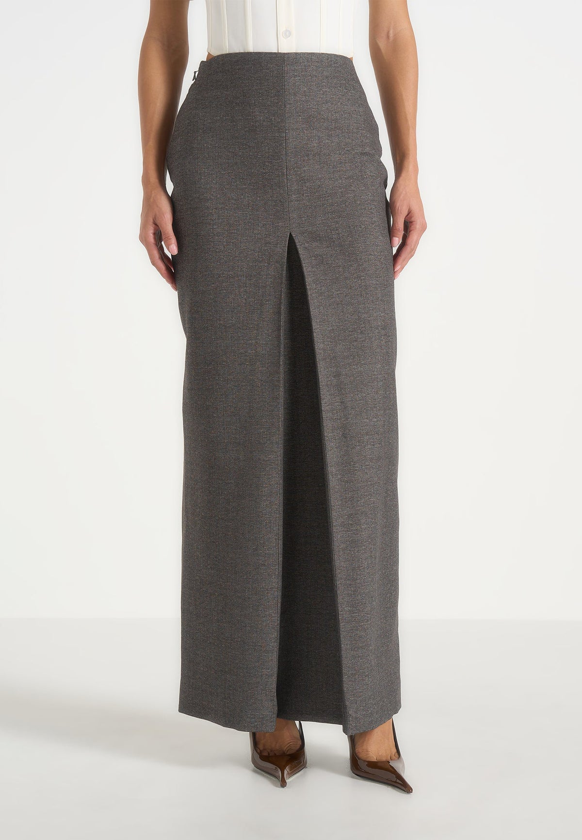 Regine - Tailored Box Pleat Maxi Skirt - Marl Grey
