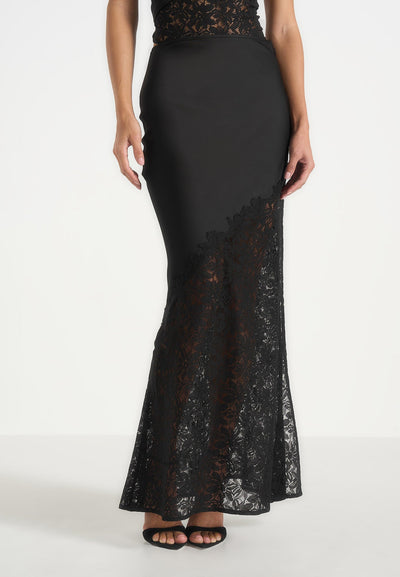 Belle - Satin and Lace Maxi Skirt - Black
