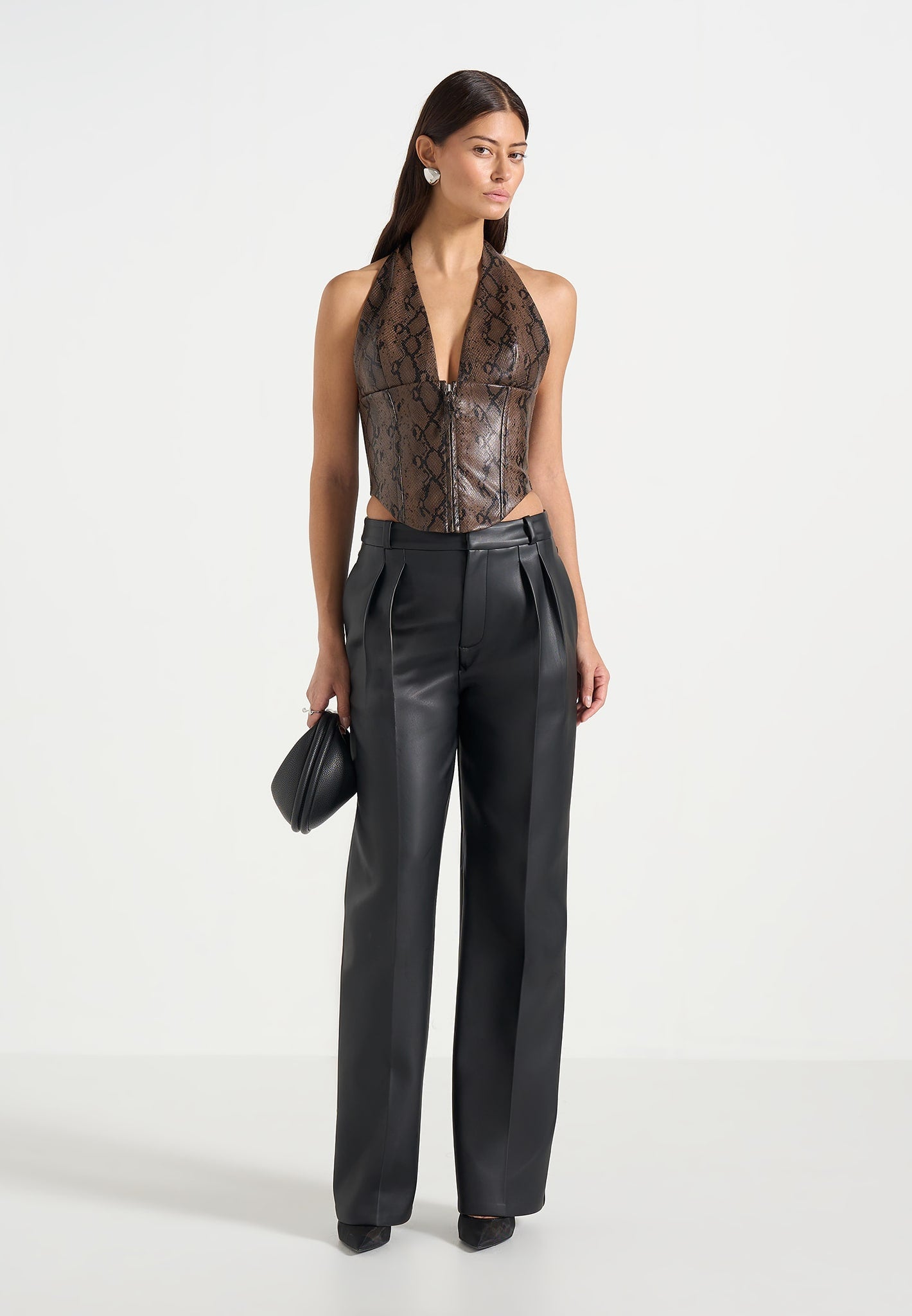 sloane-python-halterneck-corset-top-brown