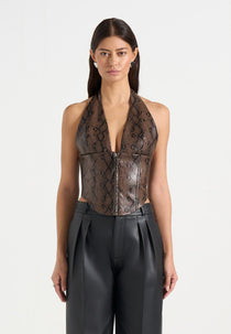 Sloane - Python Halterneck Corset Top - Brown
