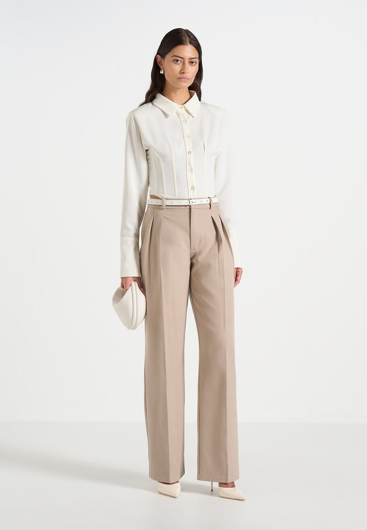 Julie - Tailored Twin Pleat Pants - Beige